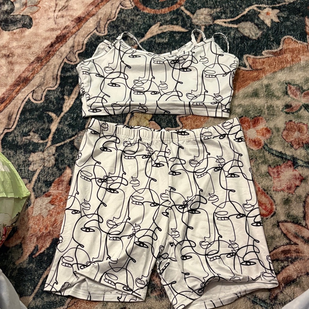 Abstract Line Art Crop Top and Shorts Set